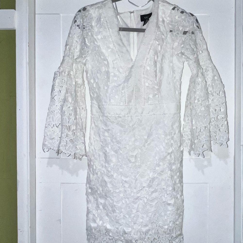 Vici Crochet White Mini Dress with Bell Sleeves